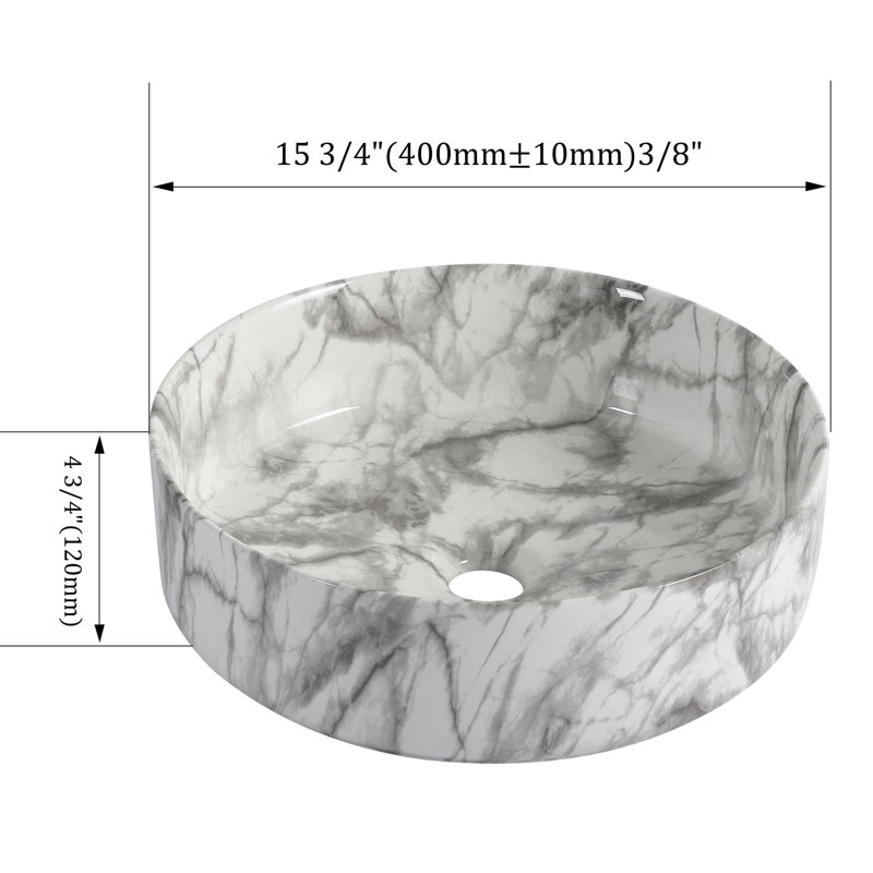 Above Counter White And Grey Ceramic Vessel Sink, Easy To Maintain, Smooth Surface, 4.81 Inches High Round Sink For Bathroom Countertop, Low Water Absorption, Three - Layer Glaze, 15.75 Wide
