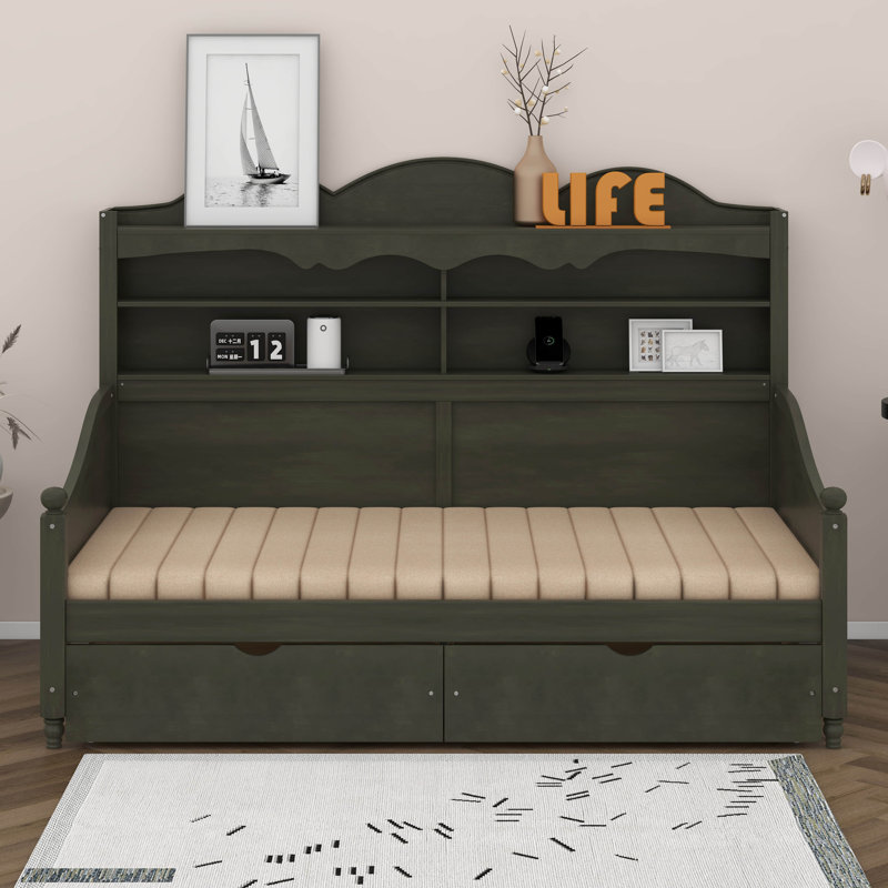 Twin Daybed With Storage Drawers, Wooden Twin Day Bed With Storage Headboard Shelving, Retro Style Daybed, Antique Gray