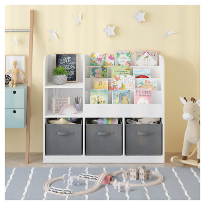 Kids 3-Tier Bookcase and Storage Shelf, White and Gray Fabric Bin Organizer