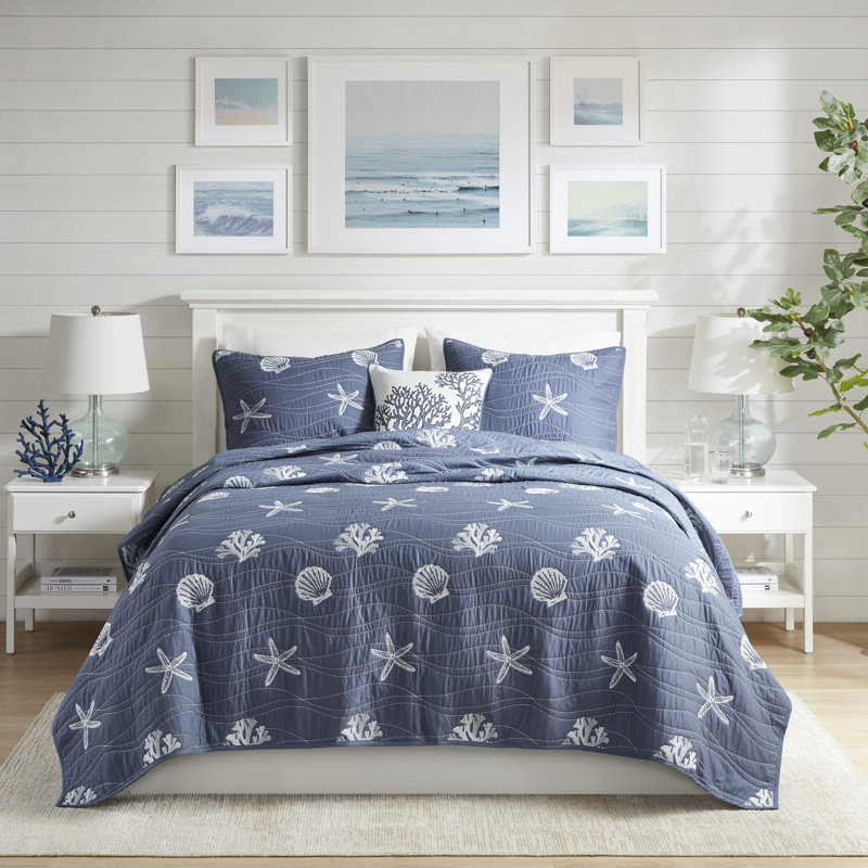 Ensemble de courtepointe réversible 100% coton 4 pièces Seaside, Couvre-lit double / grand + 2 taies décoratives s, Marine