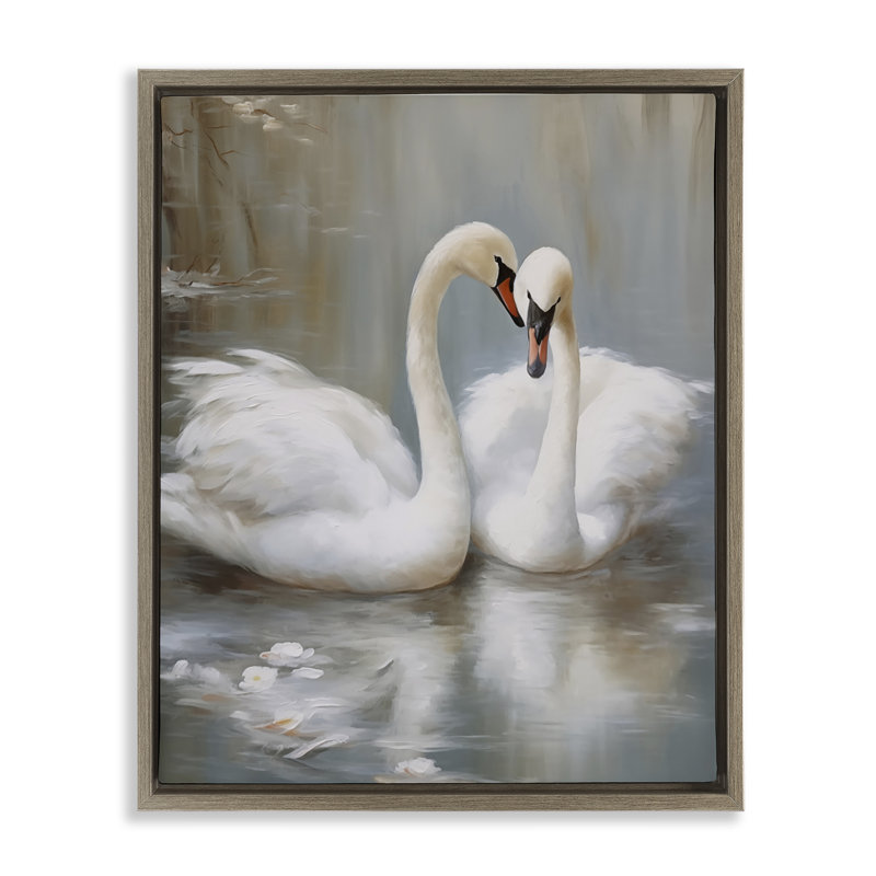 Embrasser des cygnes sur un cadre flottant, conçu par Arlington Prints, H 21 po x l 17 po, Cadre flottant orme Montalcino
