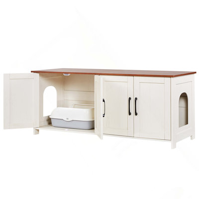 Enceinte de litière pour chat pour chats multiples, armoire à litière cachée 47,2 po avec 4 portes et 2 entrées, salle de bain intérieure pour chat, meubles de maison pour chat en bois, convient à la plupart des bacs à litière, brun et blanc