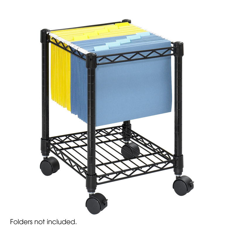 Compact Black Steel Mobile File Cart with Shelf