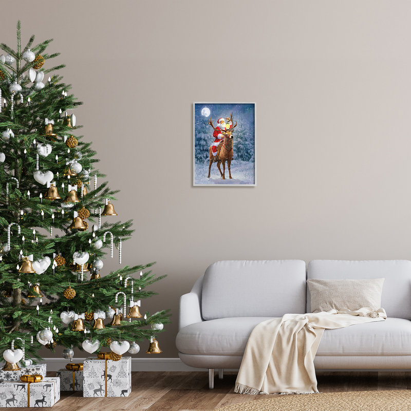 «Santa Riding Reindeer Landscape» encadré sur bois par Pip Wilson, peinture, H 20 po x l 16 po, Estampe numérique Farmhouse
