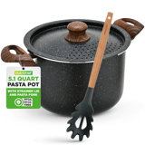 Nutrichef 5Qt Pasta Pot With Strainer Lid & Pasta Fork | Non-Stick Cooking Pot | Lockable Lid, Heat Resistant Handles | Even Heat Distribution | Easy Clean | Black Marble