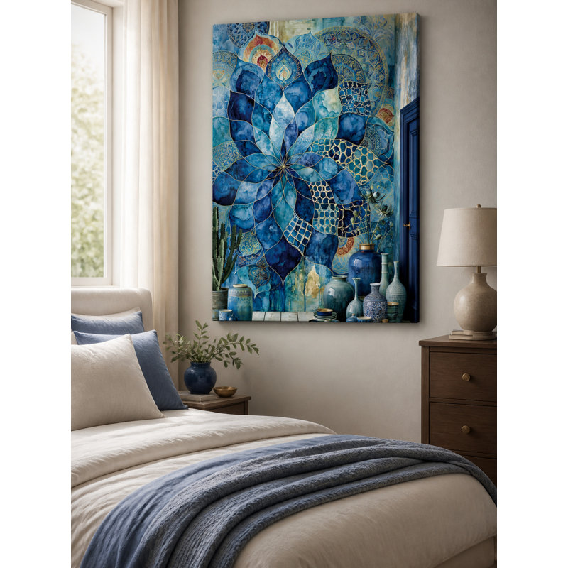 Impression sur toile de fleur bleue inspirée du mandala dans un style abstrait avec un thème bohème pour une décoration intérieure unique, impression décorative