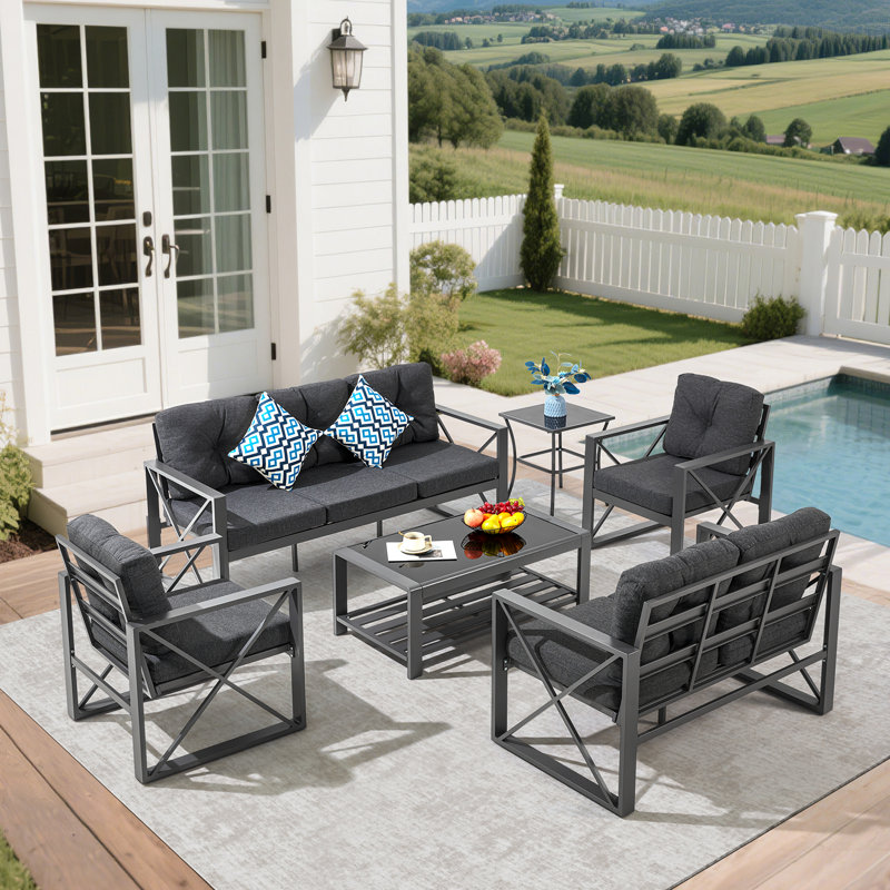 6 Pieces Metal Patio Furniture Set, Outdoor Seating Furniture With Loveseat Ideal For Indoor Porch Deck Bistro Lawn Garden Backyard Poolside