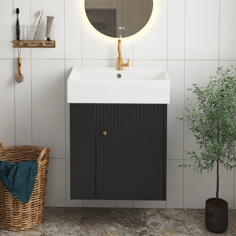 Meuble-lavabo flottant noir moderne de 22 po avec lavabo en céramique, rangement à gauche, pour les petites salles de bain