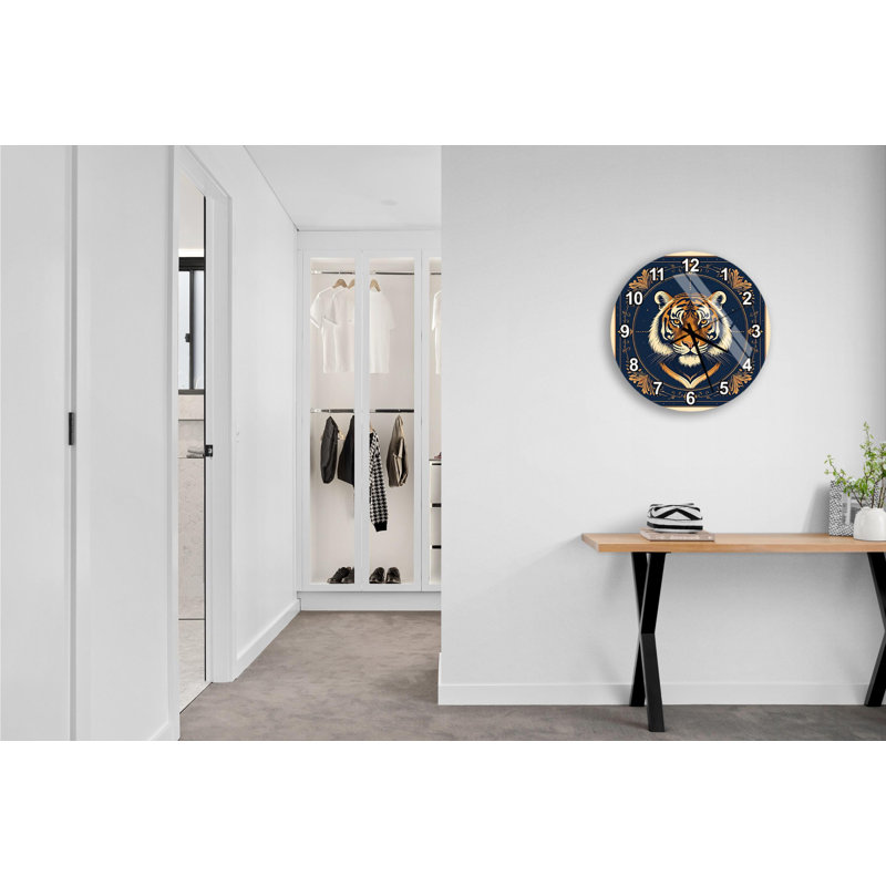 Horloge murale en verre trempé, décor tigre, bleu et or, horloge murale ronde, horloge à thème animalier, horloge moderne, idée cadeau unique