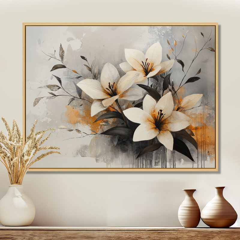 «White Lilies II», art mural blanc, H 30 po x l 40 po, Impression encadrée flottante, Crème, crème