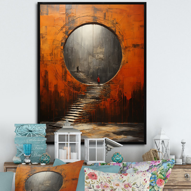 «Orange Tunnel Whispering Echoes Mixed I», reproduction sur toile, H 20 po x l 12 po x P 1 po, Cadre flottant noir