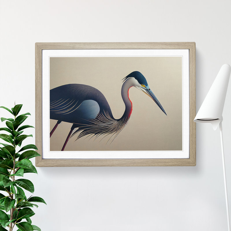 XH1022-1573X Bold Heron Bird - Single Picture Frame Print, 46cm H x 64cm W x 2cm D, Oak Framed
