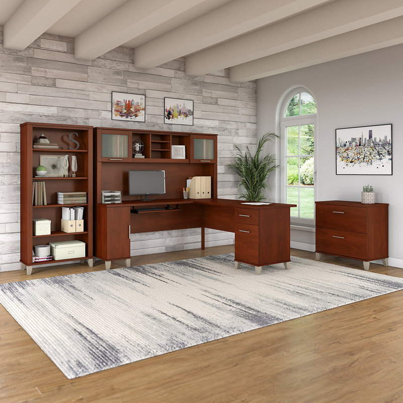 Magomed L-Shaped Computer Desk Office Set with Hutch, Hansen Cherry