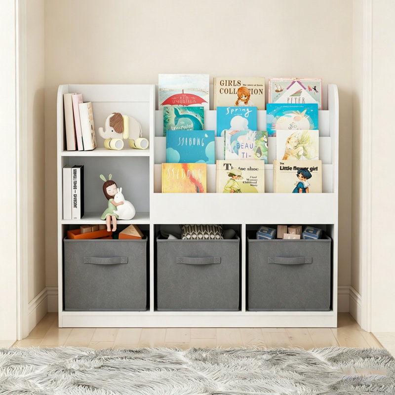 Kids Bookcase And Bookshelf With 3 Collapsible Fabric Drawers Display Stand