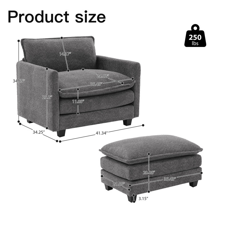 Fauteuil d'appoint rembourré avec repose-pieds Redenius Boucle, Mélange de polyester gris