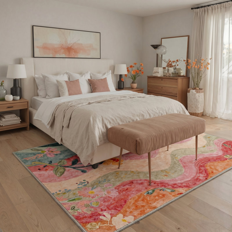 Verdalia Boho Floral Machine Washable Beige / Pink / Green / Blue Indoor Area Rug with Non-Slip Backing, Rectangle 9' x 12'