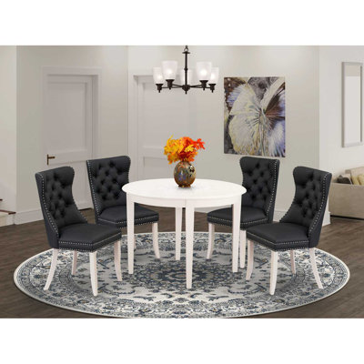 5-Piece Linen White Solid Wood Top - Round Upholstered Dining Room Set - (Seats-4)