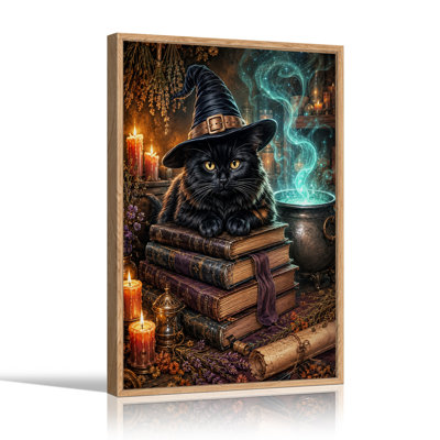 Black Cat in Witch Hat on Books with Glowing Halloween Canvas Wall Art