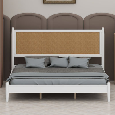 Platform bed frame with woven headboard, reinforced support legs and boho coastal style