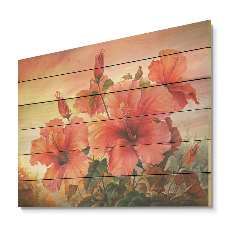 Hibiscus corail sur la plage I - Art mural en bois d'hibiscus sur bois de pin naturel, H 30 po x l 40 po