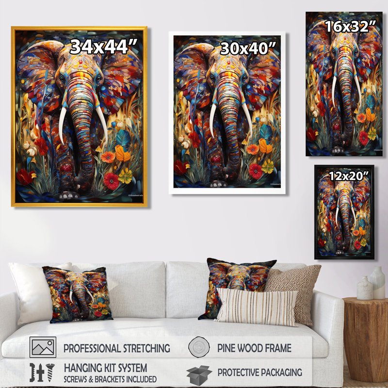 Éléphant coloré avec fleurs en fleurs - Éléphant, reproduction d'art murale, H 44 po x l 34 po
