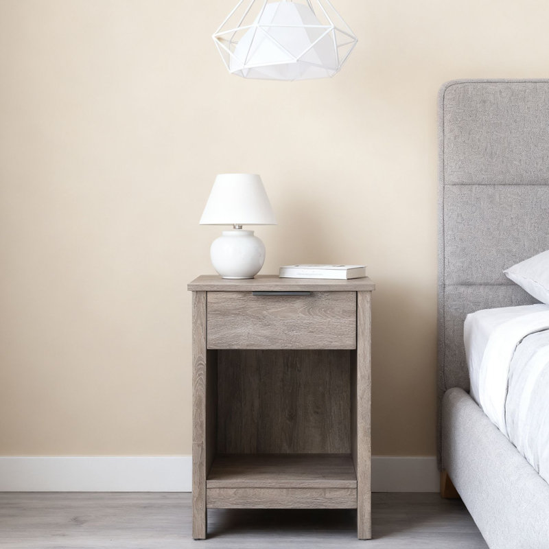 Minimalist White Nightstand with Drawer, Open Shelf & Sleek Metal Handle, Gray