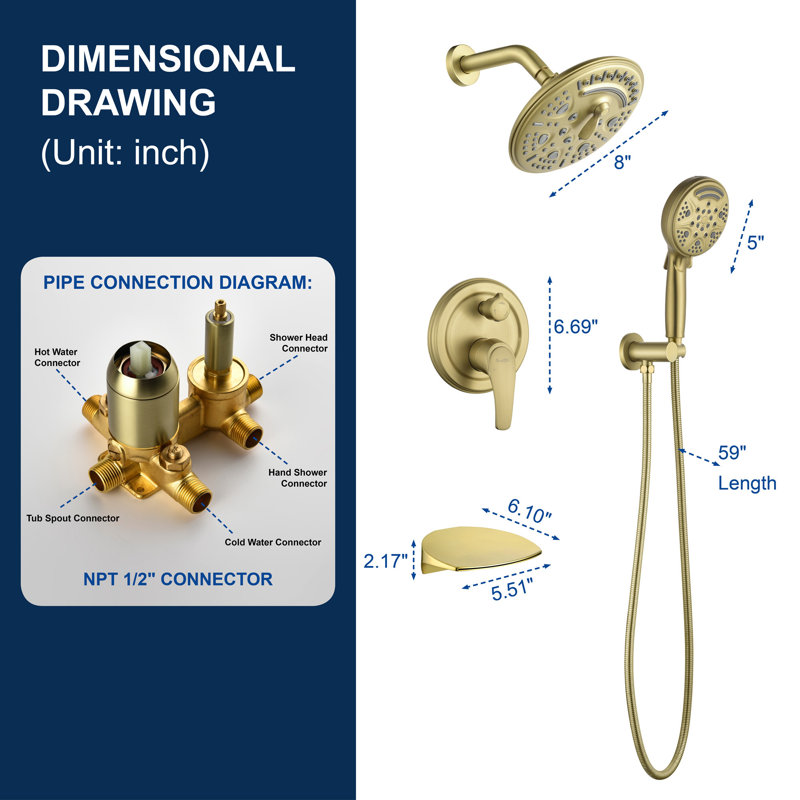 Complete Shower System with Rough in-Valve, Brushed Gold