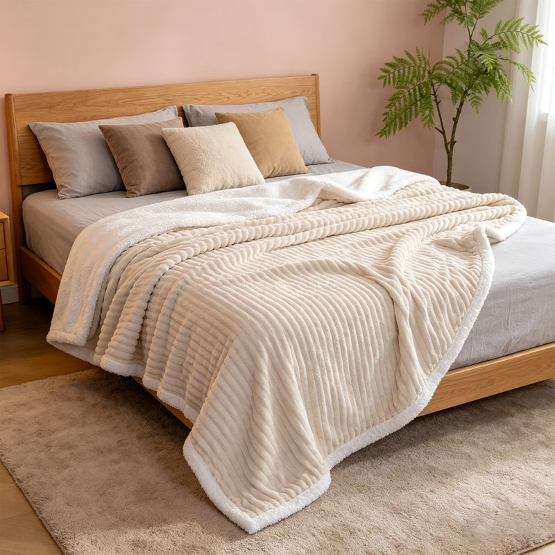 King Size Reversible Striped  Sherpa Fleece Throw Blanket With White,87" x 94"., White