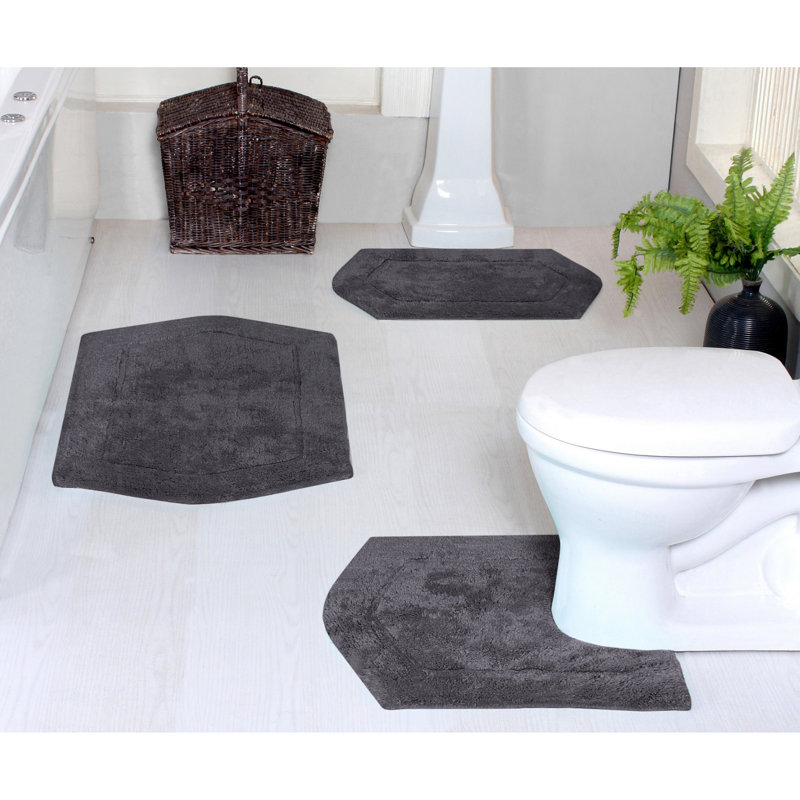 Morissette 100% Cotton Bath Rug, Non-Slip, Quicky Dry, Machine Washable, Absorbent - 3 Piece Set, Gris