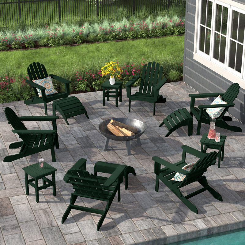 Chaise Adirondack pliante en plastique / résine avec repose-pieds et table Leighton, Vert forêt