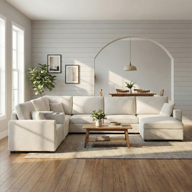 Canapé modulaire 5 places, Chenille beige