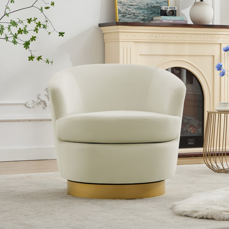 Fauteuil demi-tonneau pivotant en velours Janien, Velours beige