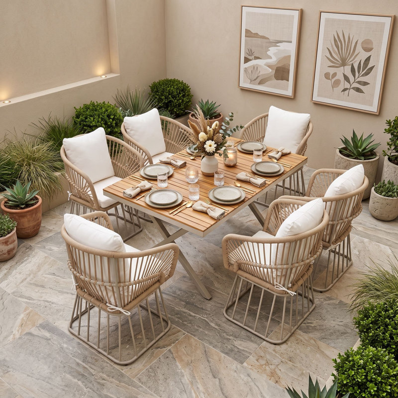 Ensemble repas d'extérieur 7 pièces avec table rectangulaire, 6 fauteuils en osier et coussins de patio amovibles