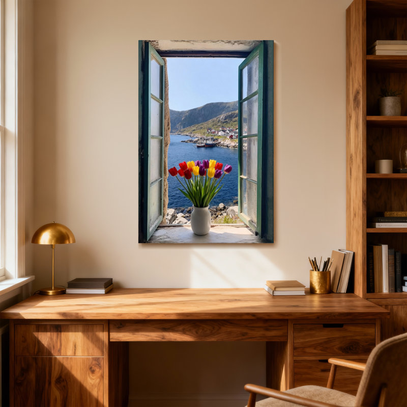 Vue de paysage et nature avec des fleurs et un paysage de mer, H 36 po x l 24 po