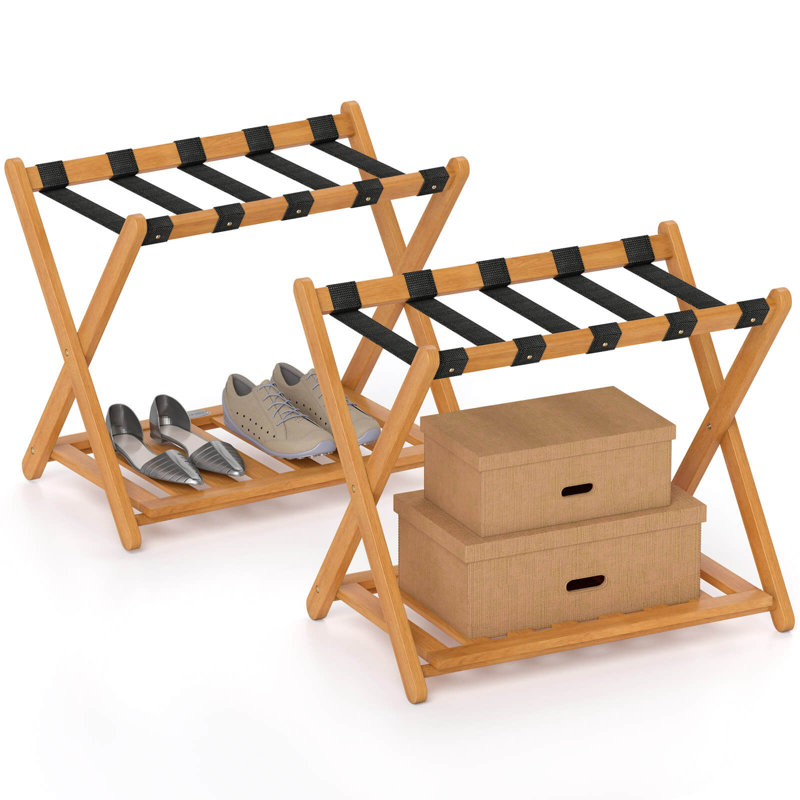 Folding Luggage Racks Set of 2 with Storage Shelf & 5 Nylon Straps Luggage Holder