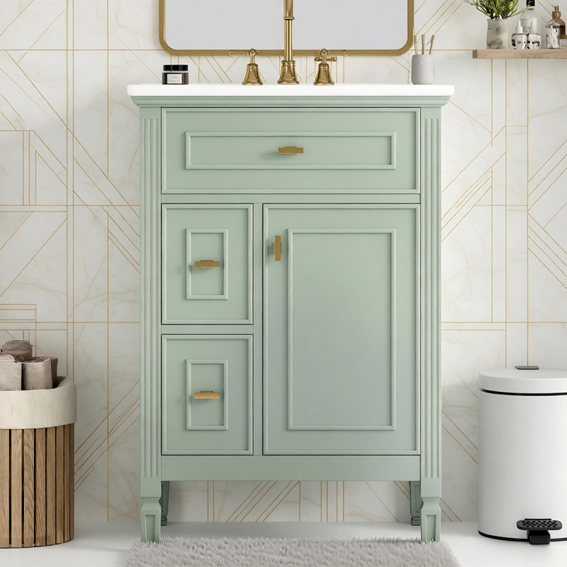 Meuble-lavabo de 24 po avec lavabo, armoire en bois massif et panneau de fibres à densité moyenne avec un tiroir rabattable, deux tiroirs standard et une tablette réglable, meuble-lavabo vert autoportant pour le rangement de la salle de bain