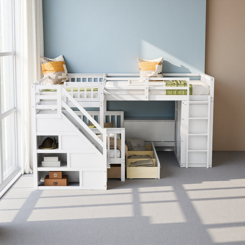 Lit superposé simple en L avec 3 tiroirs, bureau portable et garde-robe, Blanc