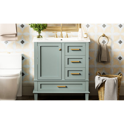 Meuble-lavabo de 30 po: armoire en bois massif, 3 tiroirs, portes à fermeture en douceur, lavabo en céramique lisse, assemblage facile pour la modernisation du meuble-lavabo moderne, poignées à corrosion, espace de rangement généreux