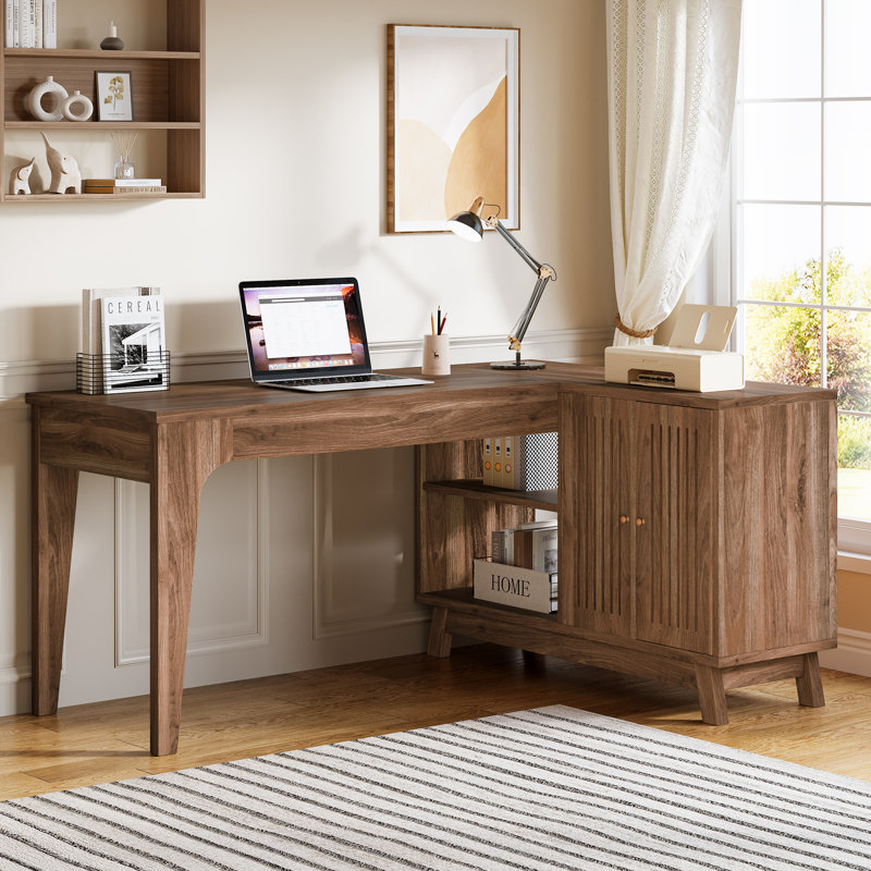 L-Shaped Desk With Storage Cabinet, Corner Home Office Desk, Walnut