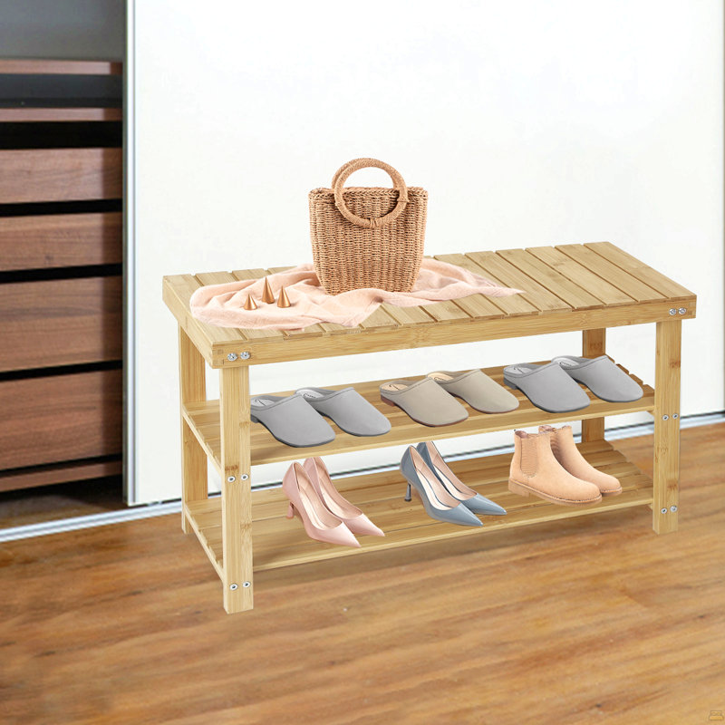 27.5" Shoe Rack Solid Wood Shoe Bench, 3-Tier Shoe Organizer