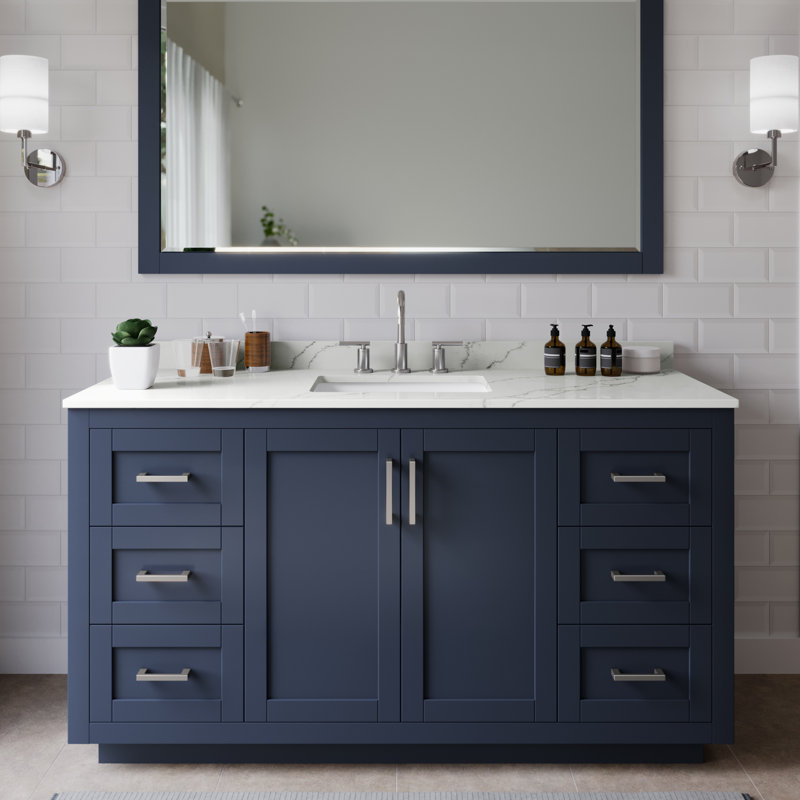 Ensemble de meuble-lavabo simple autoportant 60 po avec plateau en quartz Miranda, Bleu très foncé, Quartz Giotto