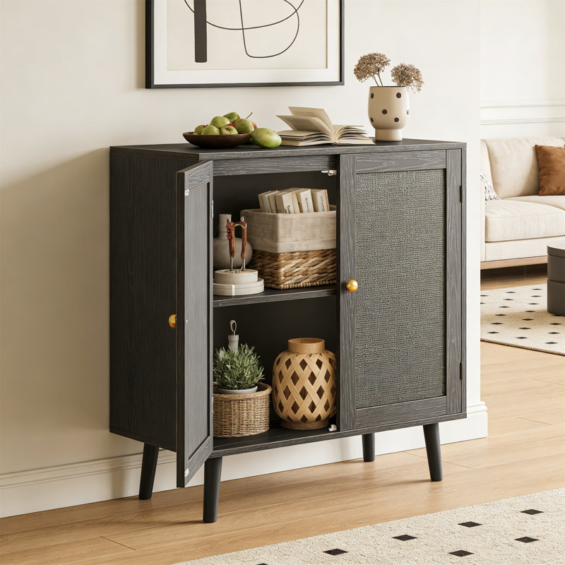 PE Rattan Door Buffet Cabinet, Solid Wood Feet, All Black For Living Room, Black