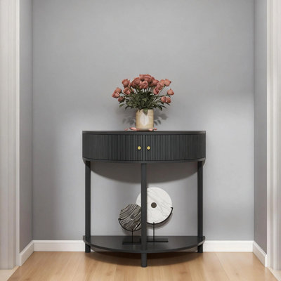 Entryway Table, Half Moon Table With 2 Rattan Storage Drawers, Small Round Circle Tables For Hallway, Narrow Console Tables For Living Room(Dark Gray)
