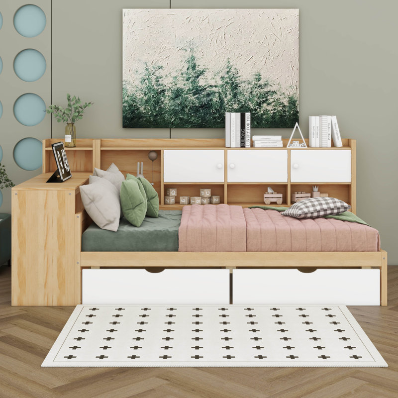 Lit de jour avec tiroirs de rangement et bibliothèque, lit d'angle avec bureau et tablettes, lit en forme de L multifonctionnel avec tête de lit convertible