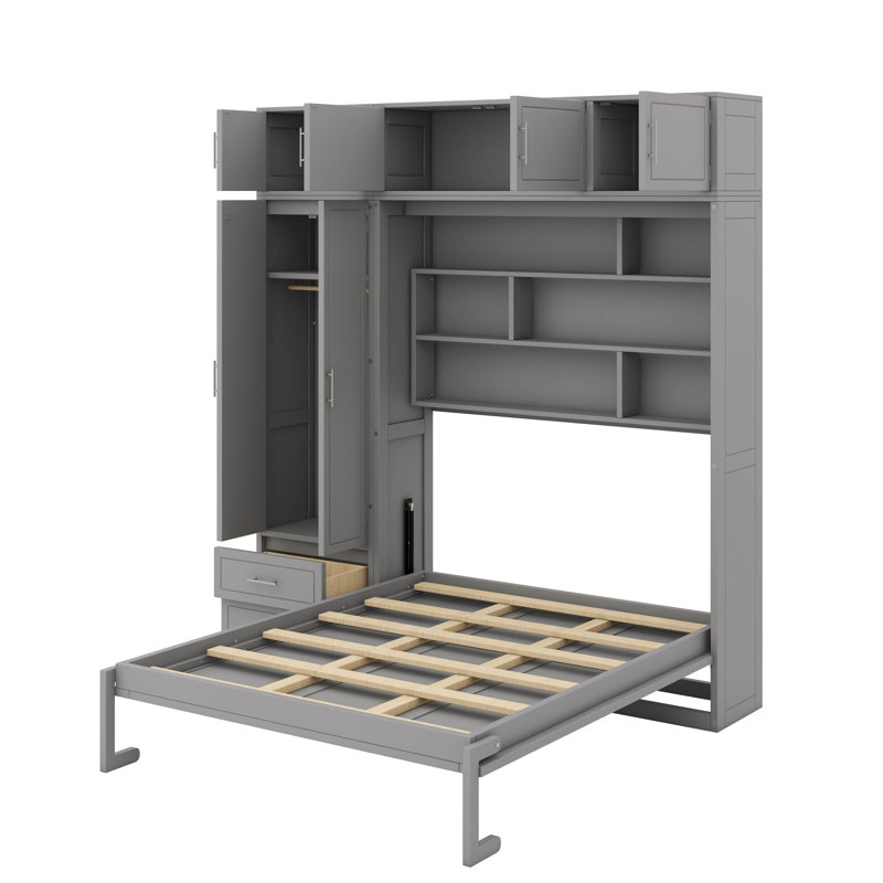 Grand lit mural Graceful avec armoire, étagère et garde-robe intégrée, Gris