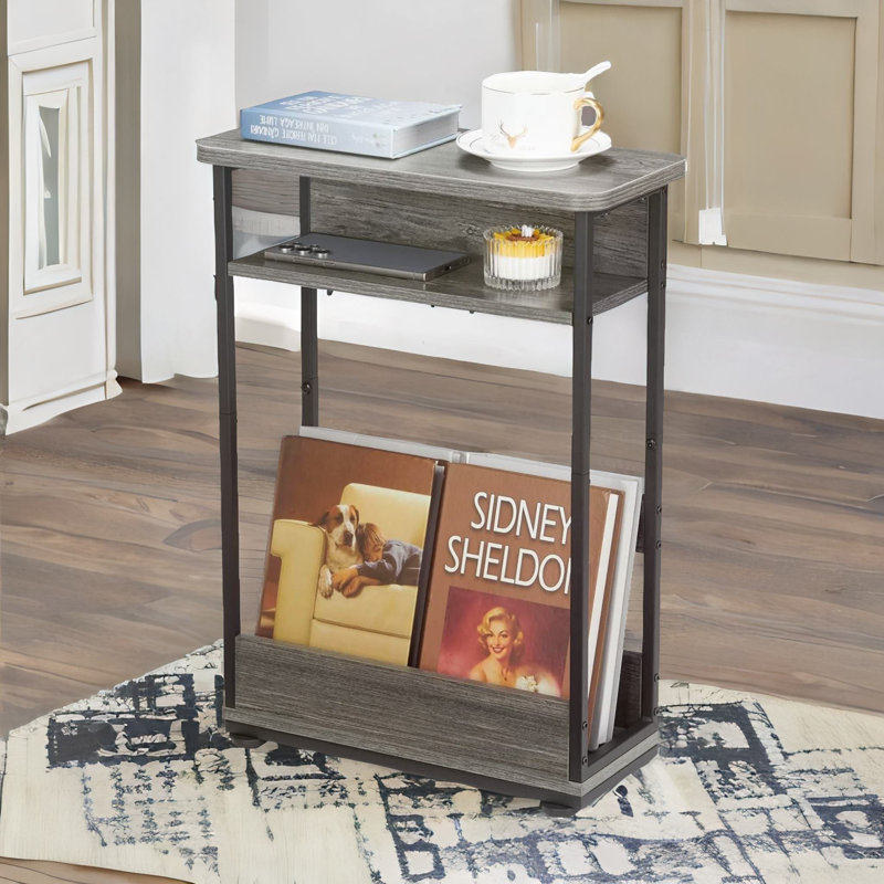 Industrial Rustic 3 Tier Side Table With Magazine Rack, Grey