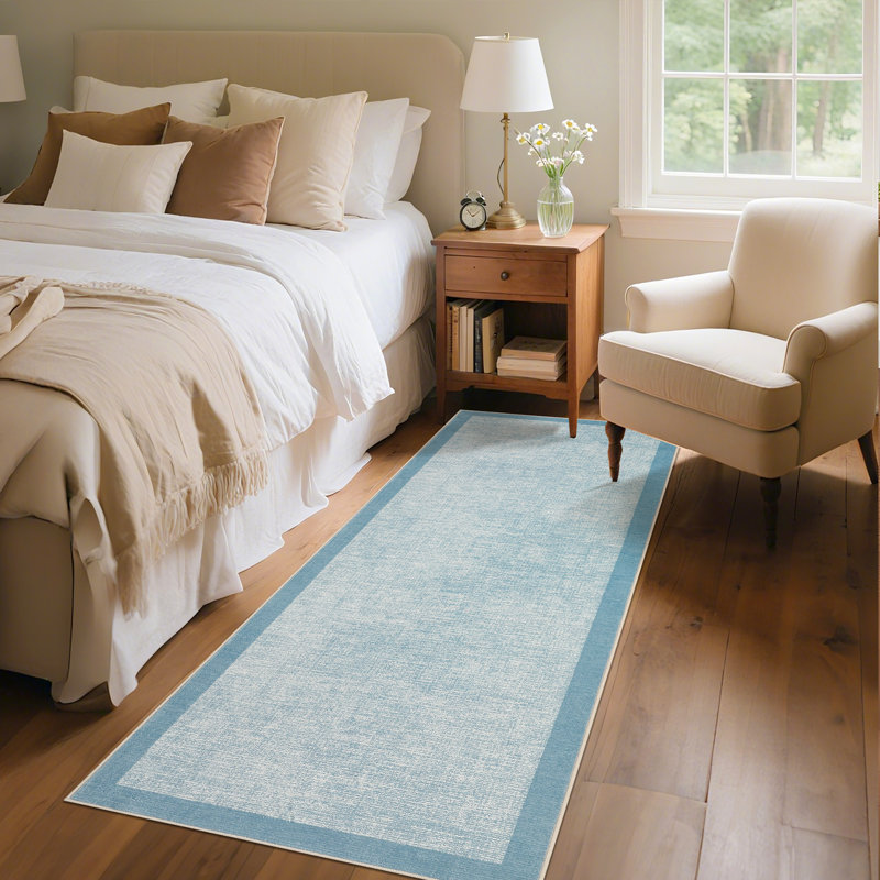 Tapis intérieur bordé lavable à la machine avec envers en caoutchouc antidérapant, Tapis de couloir 2 pi x 6 pi, Bleu clair