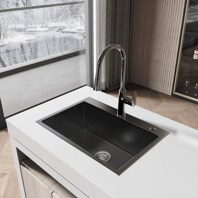 Stainless Steel Kitchen Sink, 27″X19″ Single Bowl, Overmount Handmade Sink In Black, With US Standard Drain And Hook