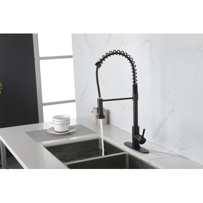 Commercial Spring Kitchen Faucets Matte Black With Pull Out Sprayer,  Stainless Steel Single Handle One Hole Kitchen Sink Faucet, Industrial 3-Hole Sink Faucet For Camper Laundry Bar