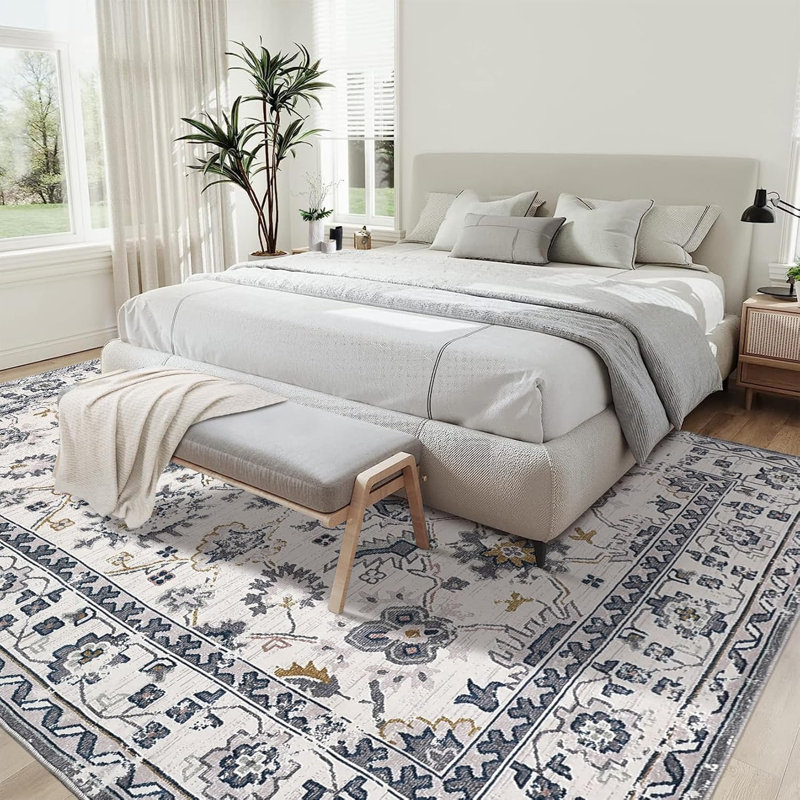 Area Rug, Thin Washable, Lightweight Vintage, Machine Washable, Stain Resistant, Anti-Slip, Living Room, Bedroom, Grey